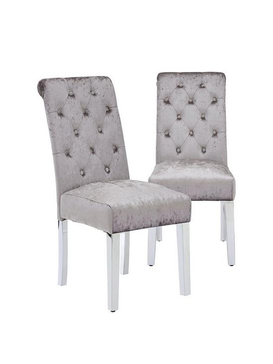 front image of pair-of-crushed-velvet-scroll-back-dining-chairs