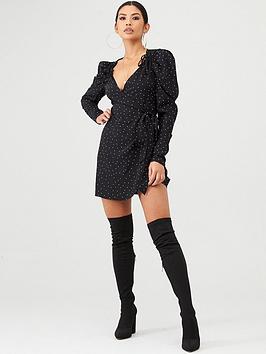 In The Style In The Style X Stephsa Polka Dot Puff Sleeve Wrap Dress - Black