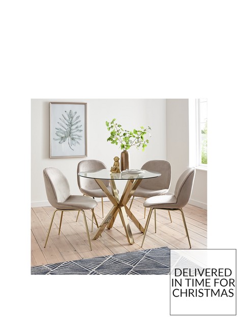 michelle-keegan-home-chopstick-100-cm-round-brass-dining-table-4-penny-velvet-chairs-brasstaupe