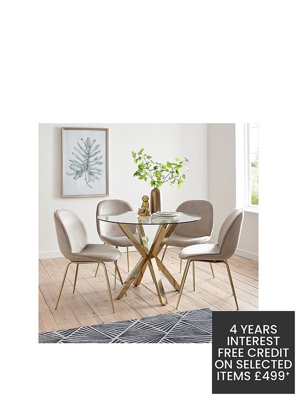 4 Penny Velvet Chairs Brass Taupe, 100 Dining Table Sets