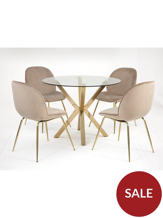 stillFront image of michelle-keegan-home-chopstick-100-cm-round-brass-dining-table-4-penny-velvet-chairs-brasstaupe