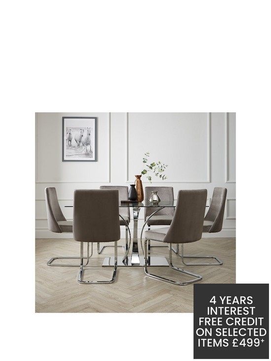 front image of alice-160-cm-rectangle-glass-and-chrome-dining-table-6-velvet-chairs