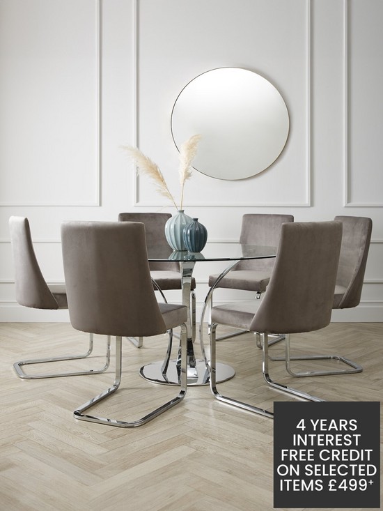 front image of alice-130-cm-round-dining-table-6-velvet-chairs-cleargrey