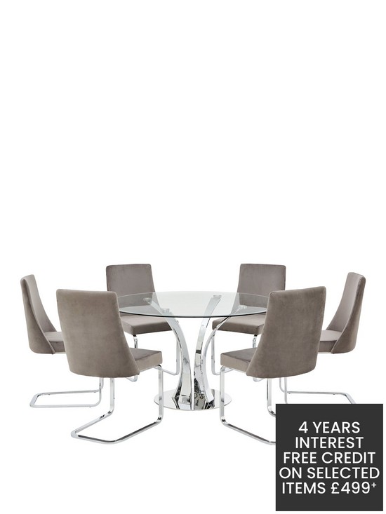 stillFront image of alice-130-cm-round-dining-table-6-velvet-chairs-cleargrey