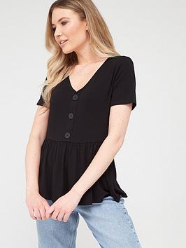V by Very V By Very Button Front Short Sleeve Peplum Top - Black Picture