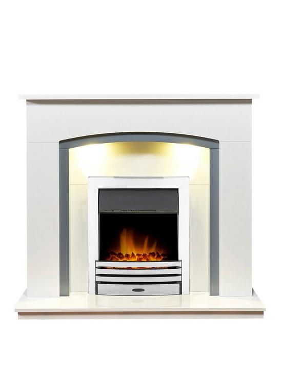 front image of adam-fires-fireplaces-tuscany-white-grey-fireplace-with-downlights-eclipse-chrome-electric-fire