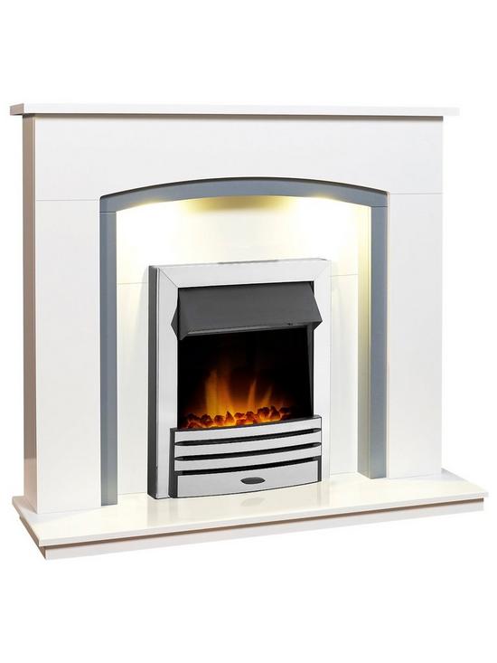 stillFront image of adam-fires-fireplaces-tuscany-white-grey-fireplace-with-downlights-eclipse-chrome-electric-fire