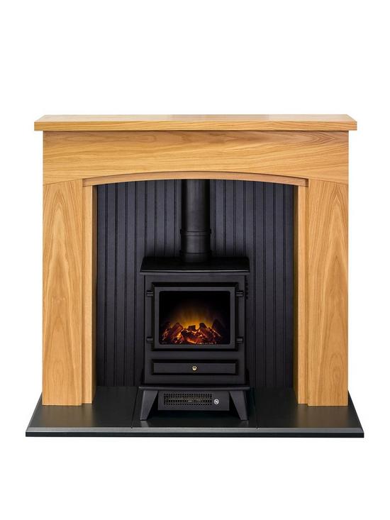 front image of adam-fires-fireplaces-turin-oak-black-fireplace-with-hudson-black-electric-stove