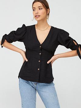 V by Very V By Very Linen Puff Sleeve Blouse - Black Picture