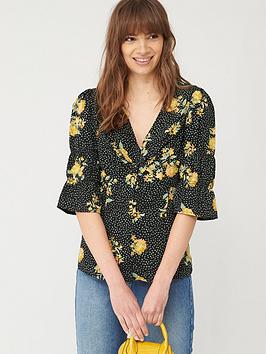 V by Very V By Very Button Through Woven Blouse - Black Floral Picture