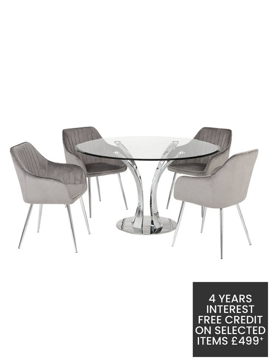 stillFront image of alice-glass-top-dining-table-4-alisha-chairs-chromegrey