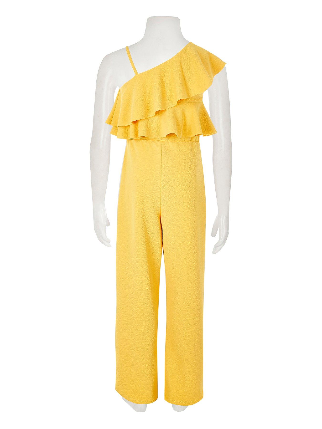 one shoulder yellow jumpsuit