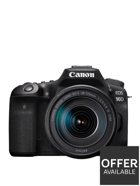 front image of canon-eos-90d-slr-camera-black-with-ef-s-18-135mm-f35-56-is-stm-lens