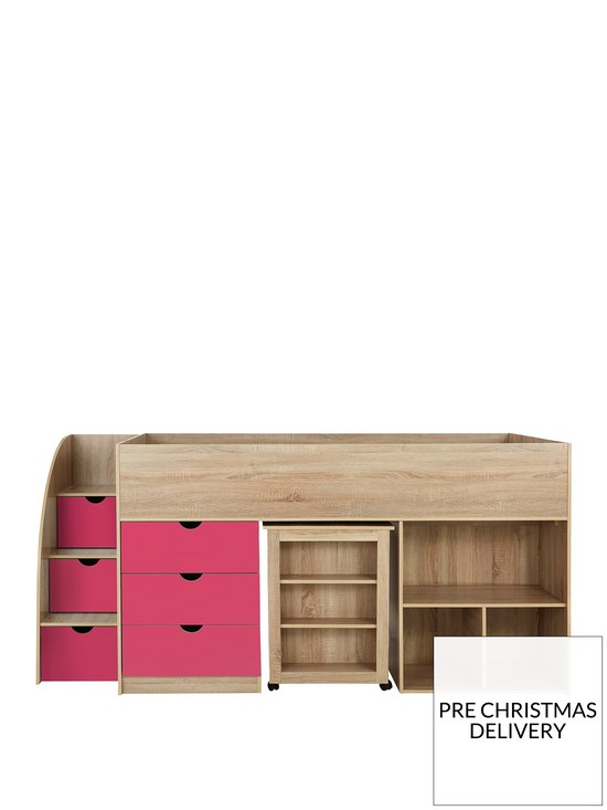 front image of mico-mid-sleeper-bed-with-pull-out-desk-andnbspstorage-oak-effectpink