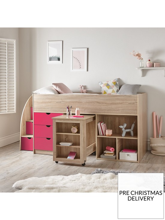 stillFront image of mico-mid-sleeper-bed-with-pull-out-desk-andnbspstorage-oak-effectpink
