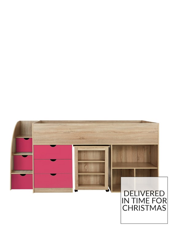stillFront image of very-home-mico-mid-sleeper-bed-with-pull-out-desk-andnbspstorage--nbsppinkoak-effect