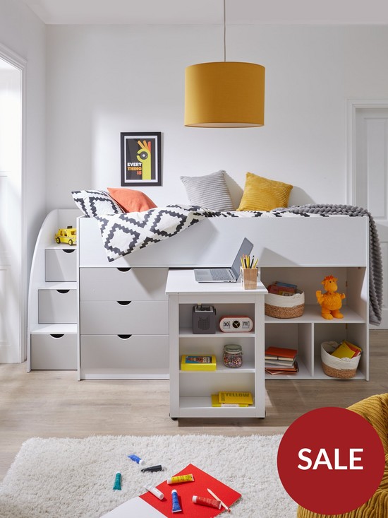 front image of very-home-mico-mid-sleeper-bed-with-pull-out-desk-and-storage-whitegrey