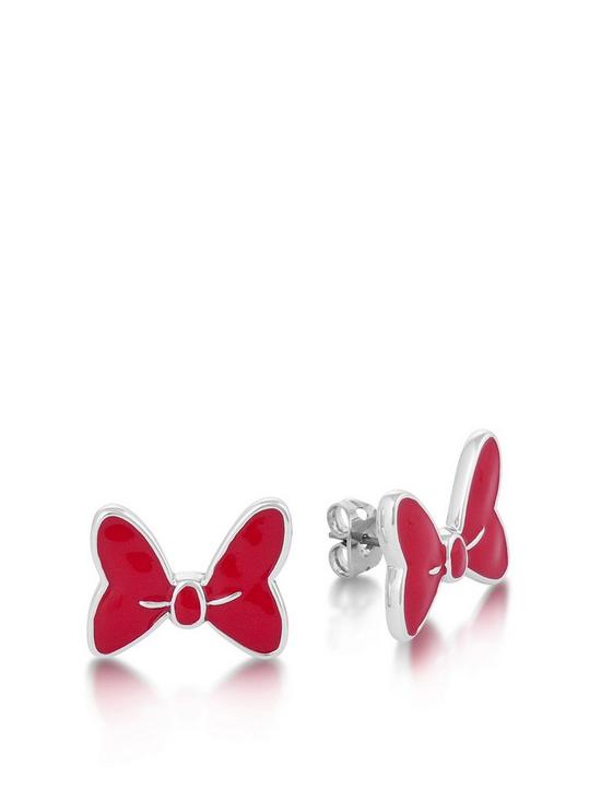front image of disney-minnie-mouse-large-bow-with-red-enamel-stud-earrings