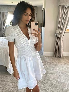 V by Very V By Very Lace Insert Cotton Puff Sleeve Mini Beach Dress - White Picture