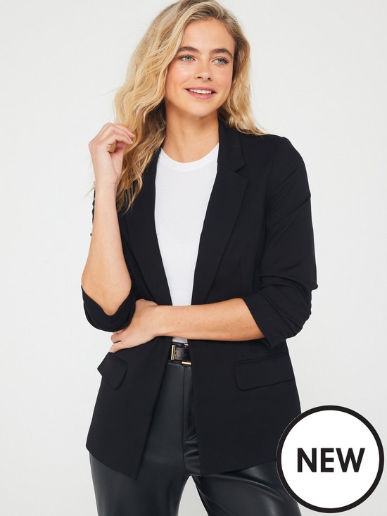front image of v-by-very-ultimate-ruched-sleeve-blazer-black