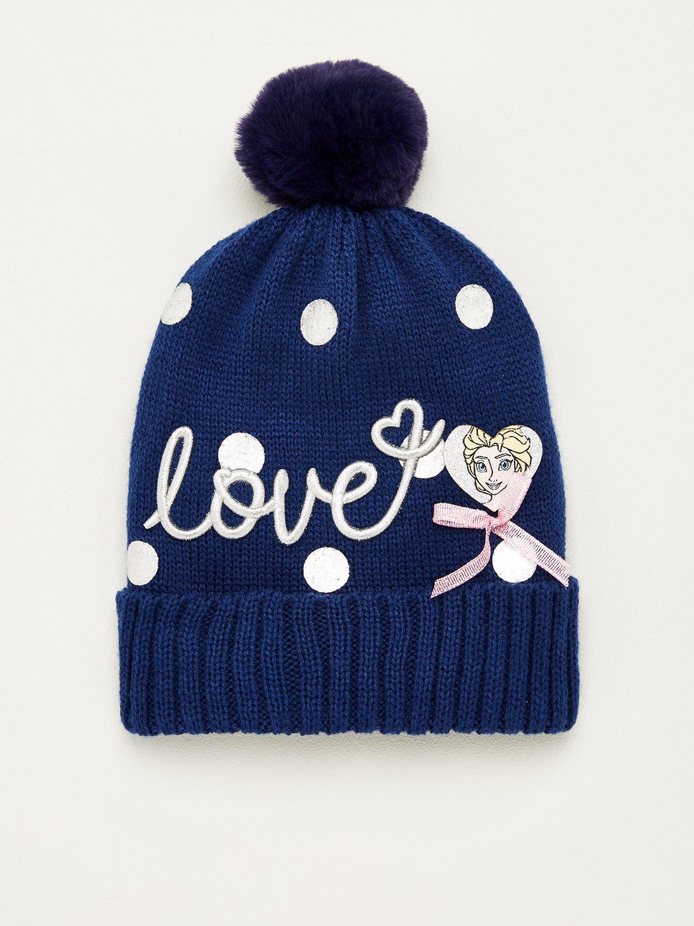 girls navy bobble hat