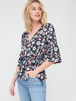 V by Very V By Very 3/4 Frill Sleeve Crinkle Wrap Blouse - Floral Print Picture