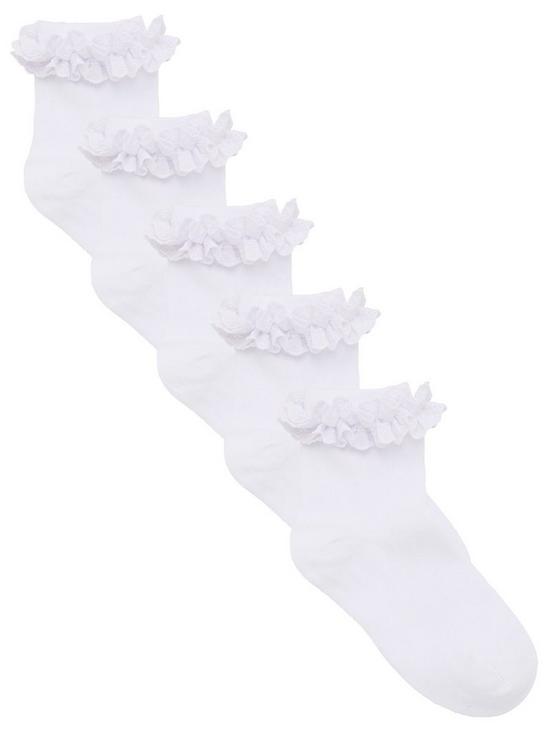 front image of everyday-girls-5-pack-multi-occasion-ruffle-frill-socks-white