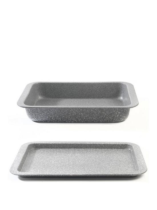 front image of salter-marble-collection-roasting-pan-and-baking-tray-set-in-grey