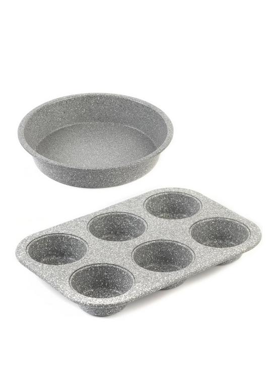 front image of salter-marble-collection-24-cm-baking-pan-and-6-cup-muffin-tray-set-in-grey