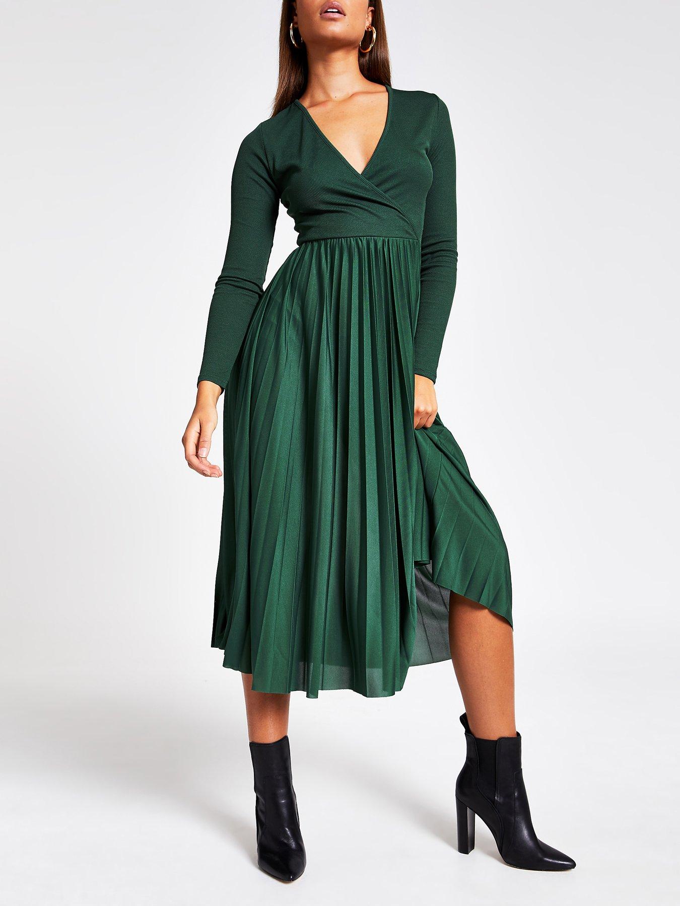 green midi pleated dress