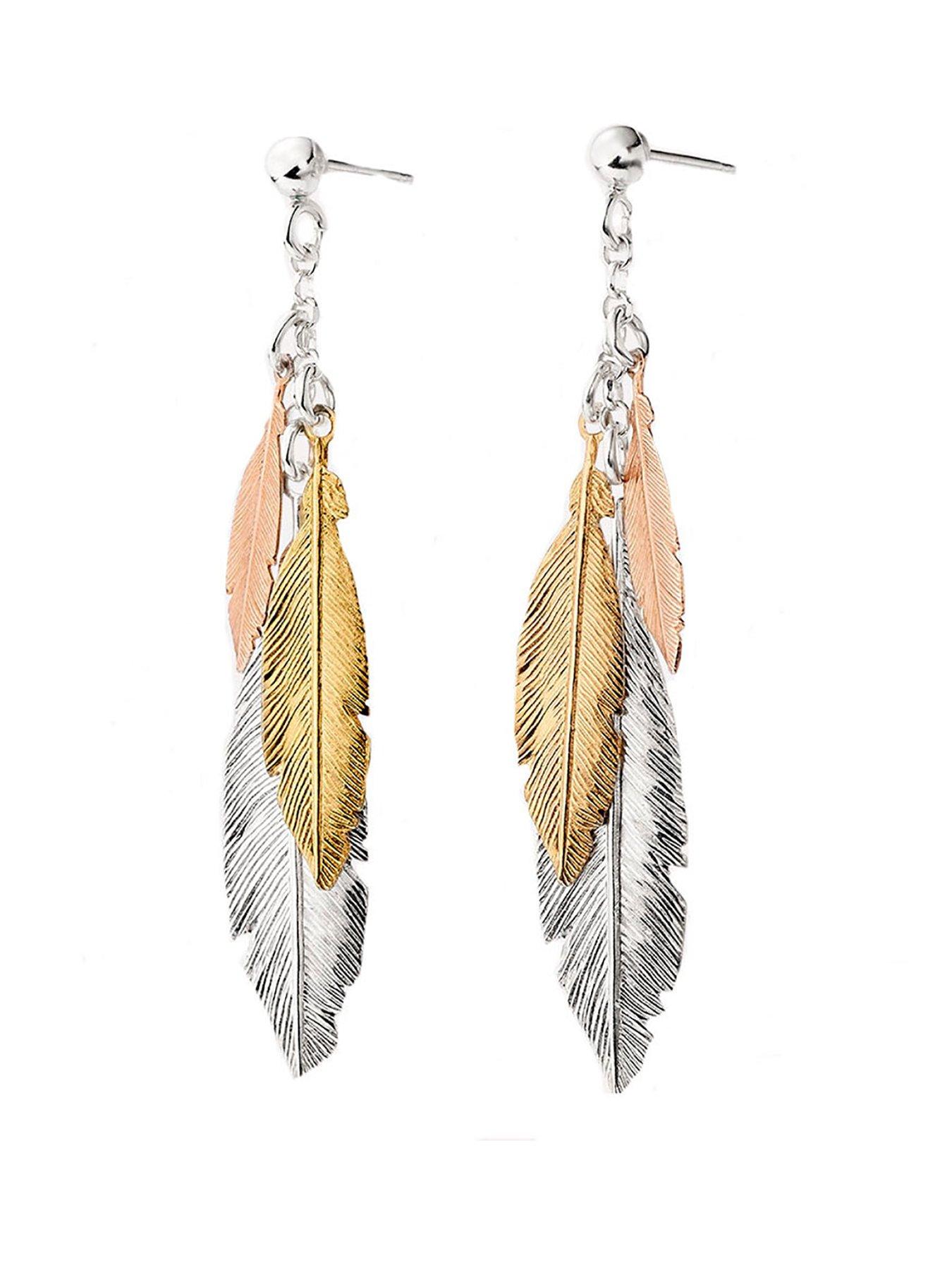 undefined Silver Three Colour Gold Plated Feather Drop Earrings