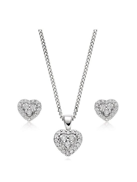 front image of beaverbrooks-white-gold-diamond-heart-pendant-and-earrings-set