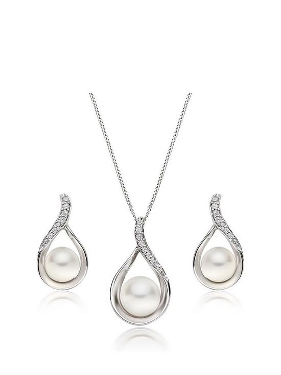 front image of beaverbrooks-9ct-white-gold-diamond-freshwater-cultured-pearl-pendant-and-earrings-set