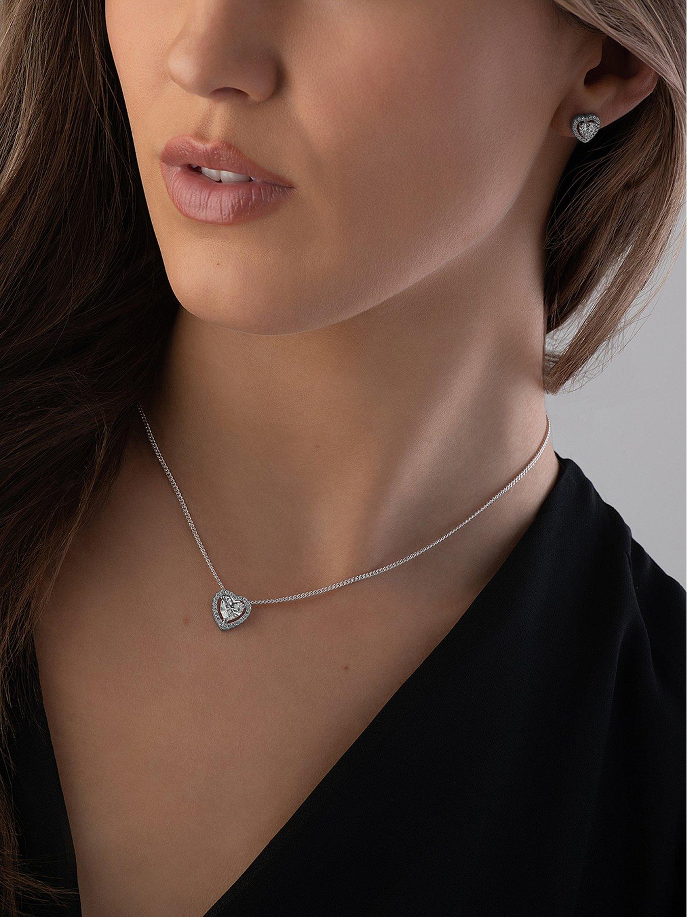 Beaverbrooks Silver Cubic Zirconia Heart Pendant and Stud Earrings Set