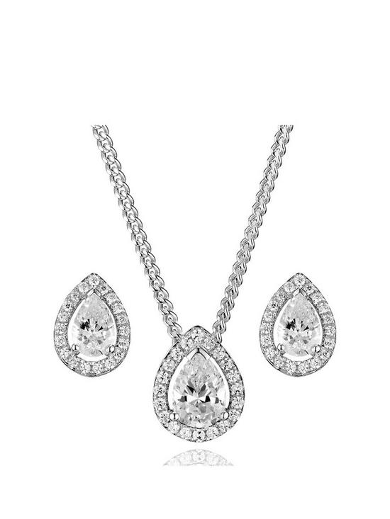 front image of beaverbrooks-silver-cubic-zirconia-pear-halo-pendant-and-stud-earring-set