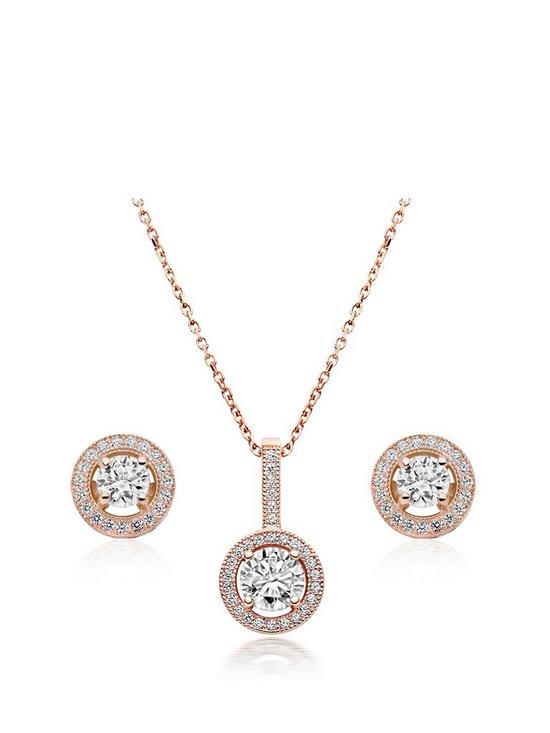 front image of beaverbrooks-silver-rose-gold-plated-cubic-zirconia-pendant-and-stud-earring-set
