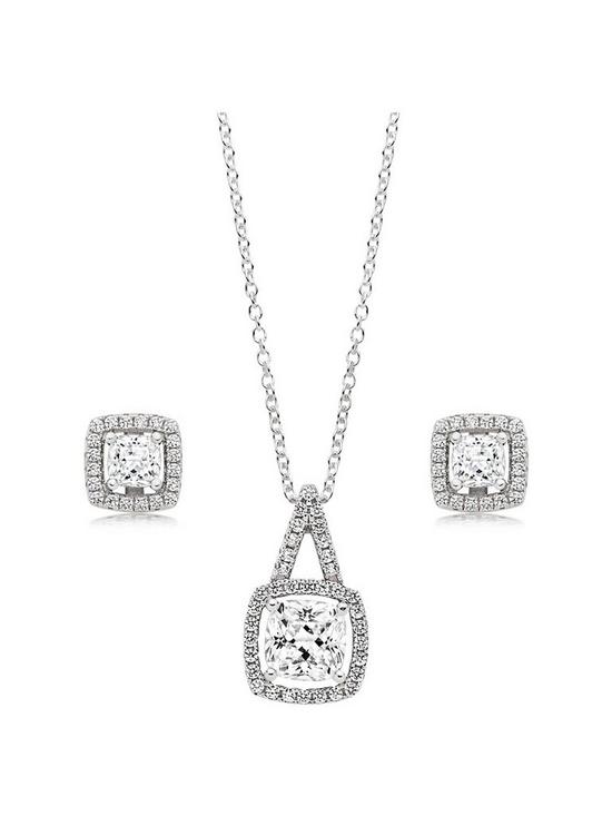 front image of beaverbrooks-silver-cubic-zirconia-square-halo-pendant-and-earrings-set
