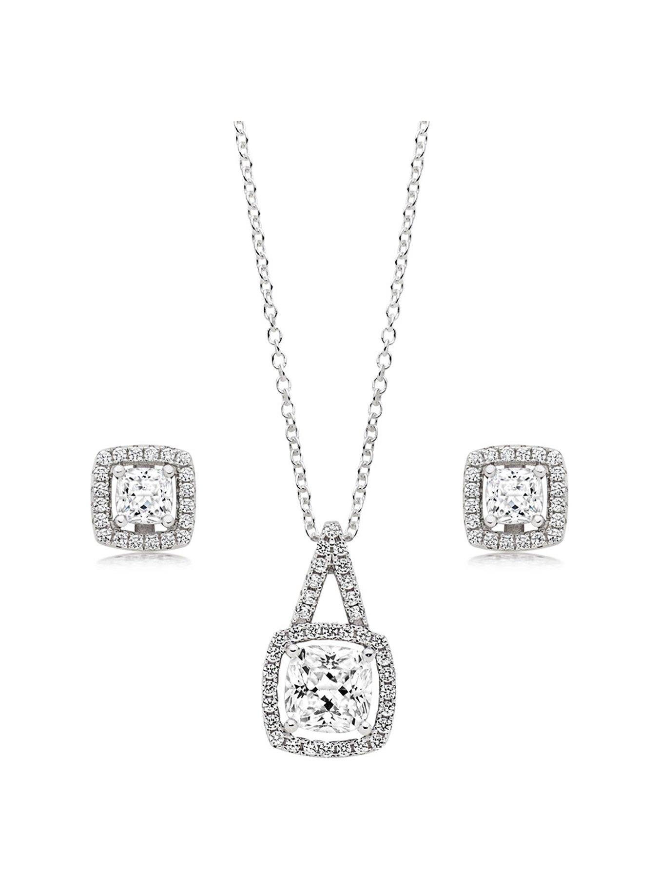 Image 1 of 4 of Beaverbrooks Silver Cubic Zirconia Square Halo Pendant and Earrings Set