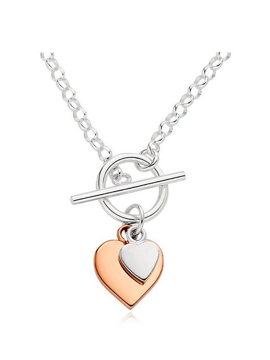 front image of beaverbrooks-silver-and-rose-gold-plated-double-heart-t-bar-necklace