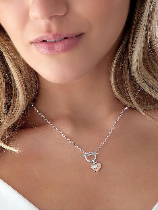 stillFront image of beaverbrooks-silver-and-rose-gold-plated-double-heart-t-bar-necklace