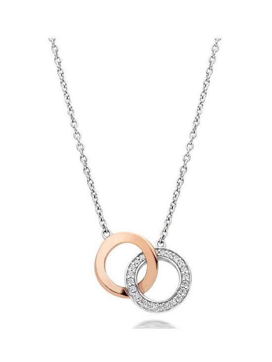 front image of beaverbrooks-silver-and-rose-gold-plated-cubic-zirconia-double-circle-necklace