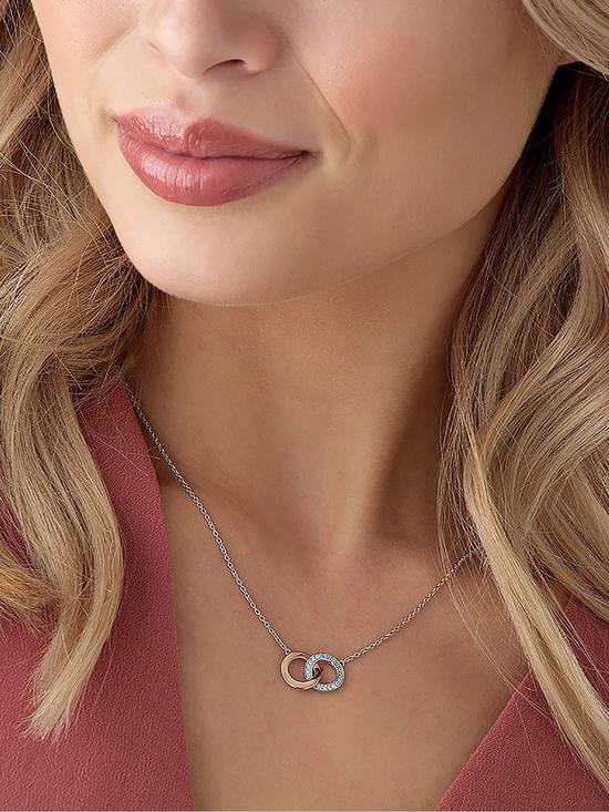 stillFront image of beaverbrooks-silver-and-rose-gold-plated-cubic-zirconia-double-circle-necklace
