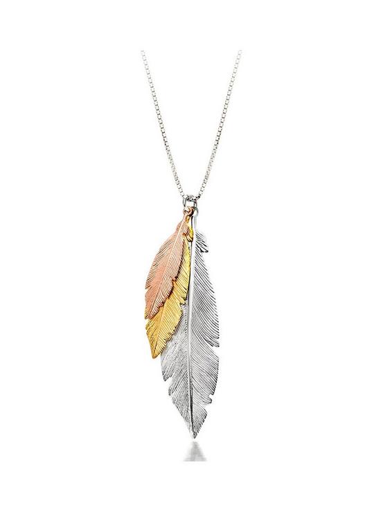 front image of beaverbrooks-silver-three-colour-gold-plated-feather-necklace