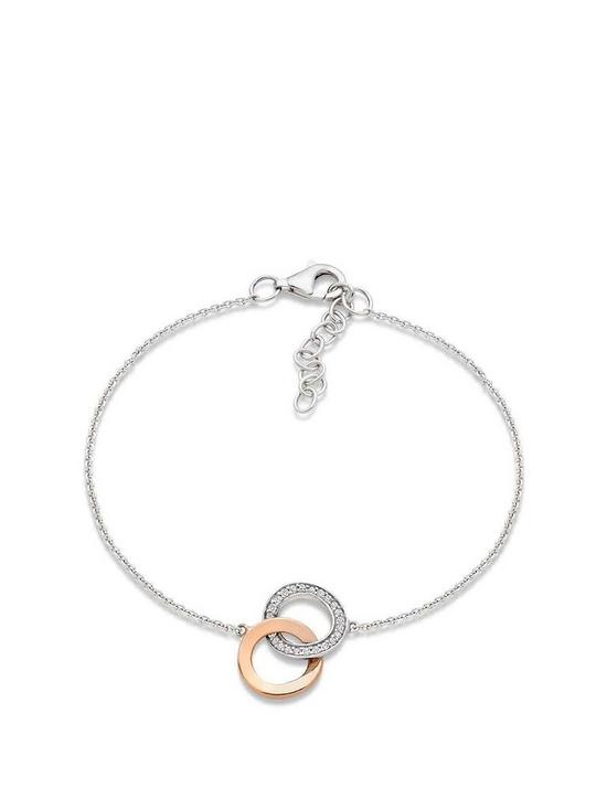 front image of beaverbrooks-silver-and-rose-gold-plated-cubic-zirconia-double-circle-bracelet