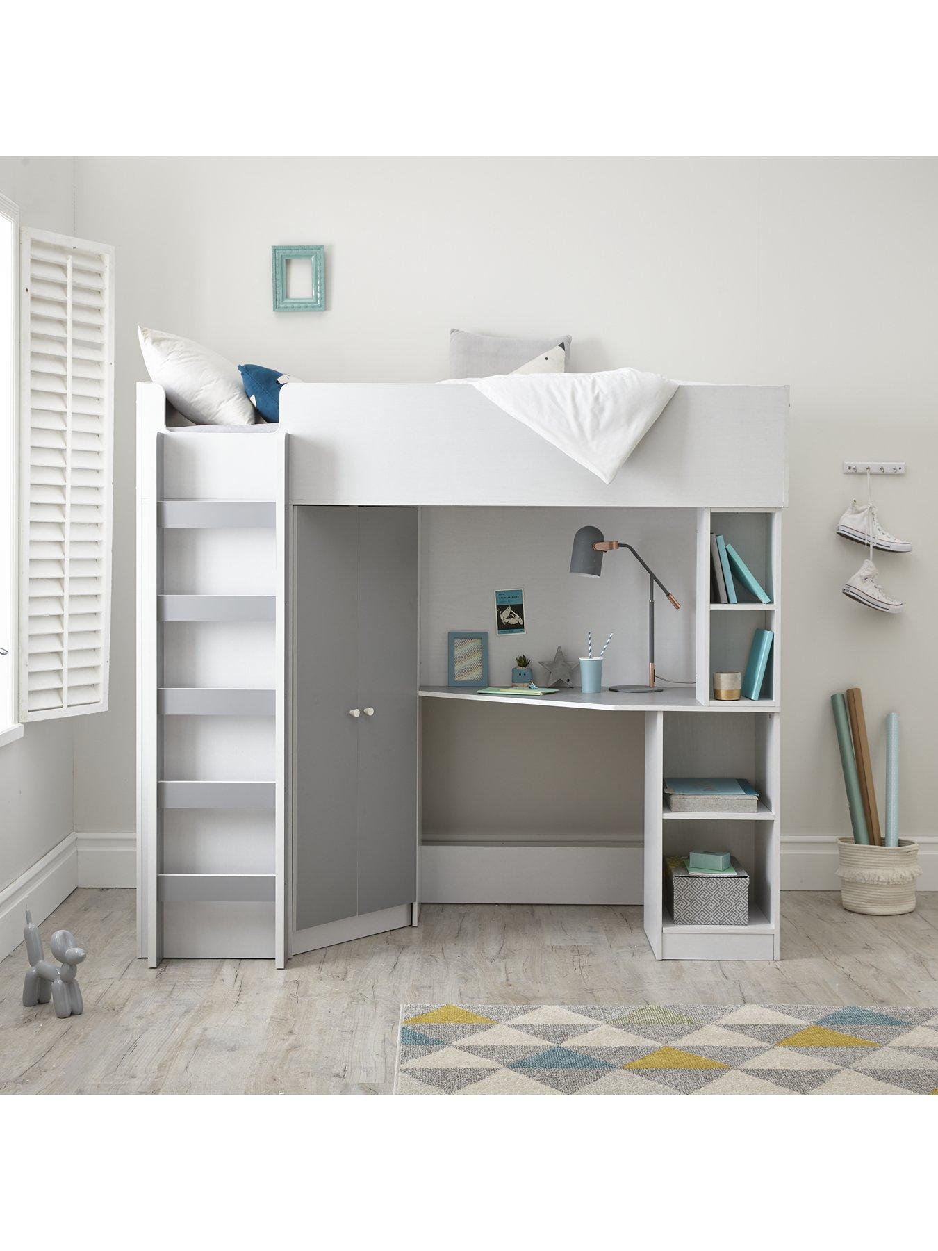 Miami Fresh High Sleeper Bed with Desk, Wardrobe and Shelves Grey
