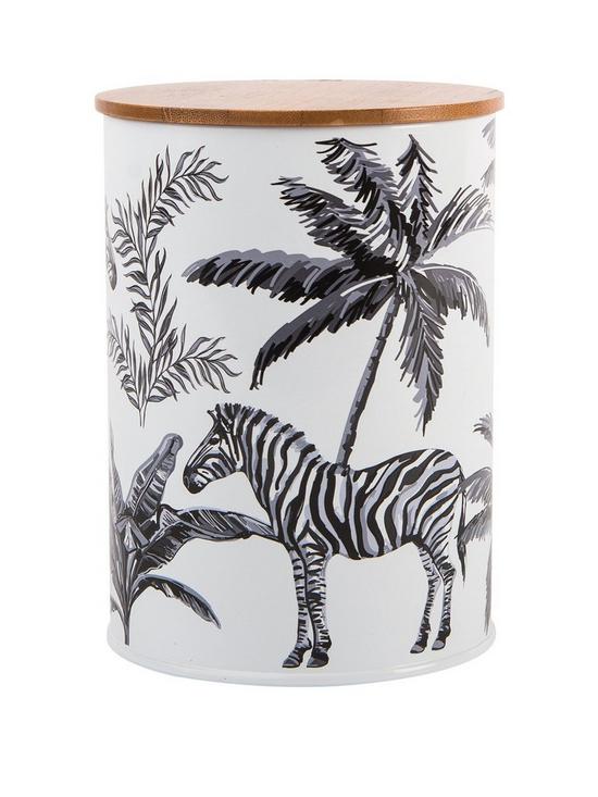 front image of summerhouse-by-navigate-madagascar-canister-with-bamboo-lid-ndash-zebra