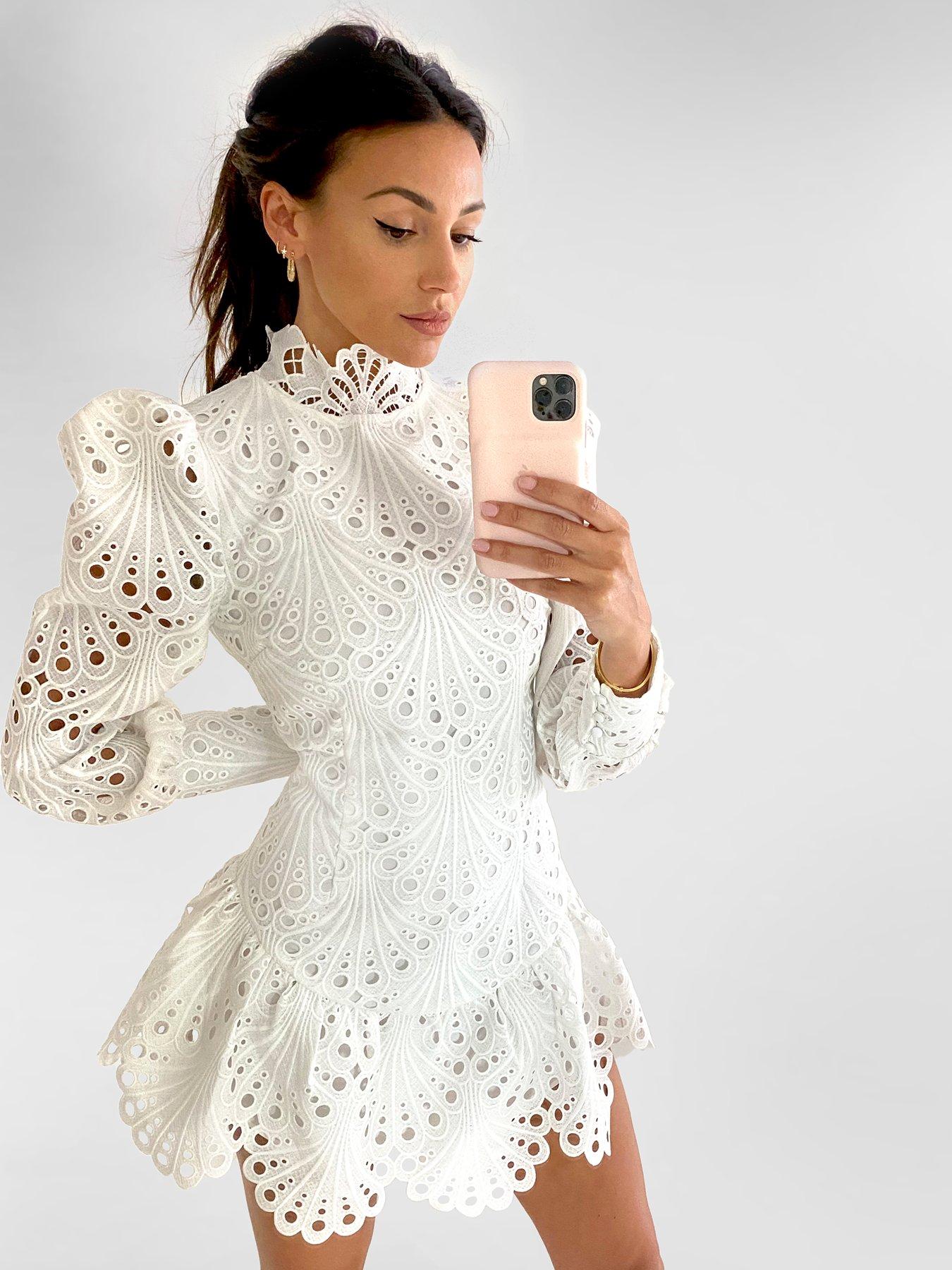 michelle keegan high neck lace skater dress