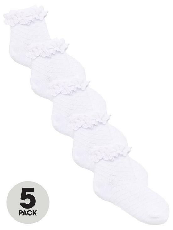front image of everyday-girls-5-pack-diamond-stitch-ruffle-frill-school-ankle-socks-white