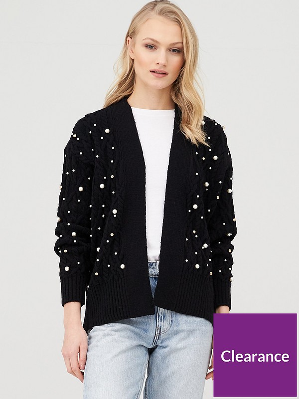 Pearl Embellished Cable Knit Cardigan Black Pearl Embellished Cable Knit Cardigan Black