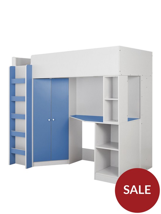 front image of miami-fresh-high-sleeper-bed-with-desk-wardrobe-and-shelves-blue